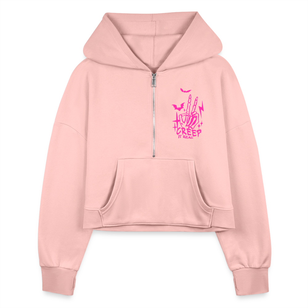 Creep It Real Half Zip Cropped Hoodie - light pink