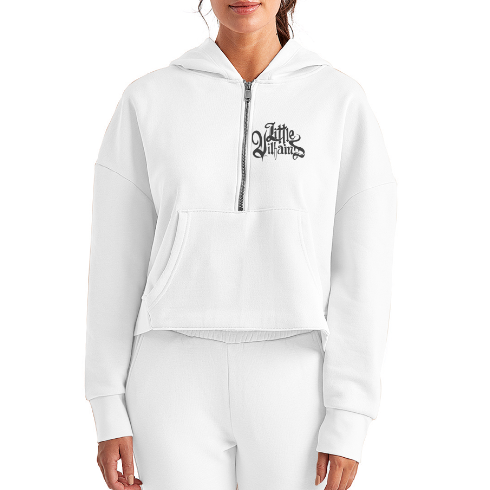 Women's Half Zip Cropped Hoodie - Black Logo - white
