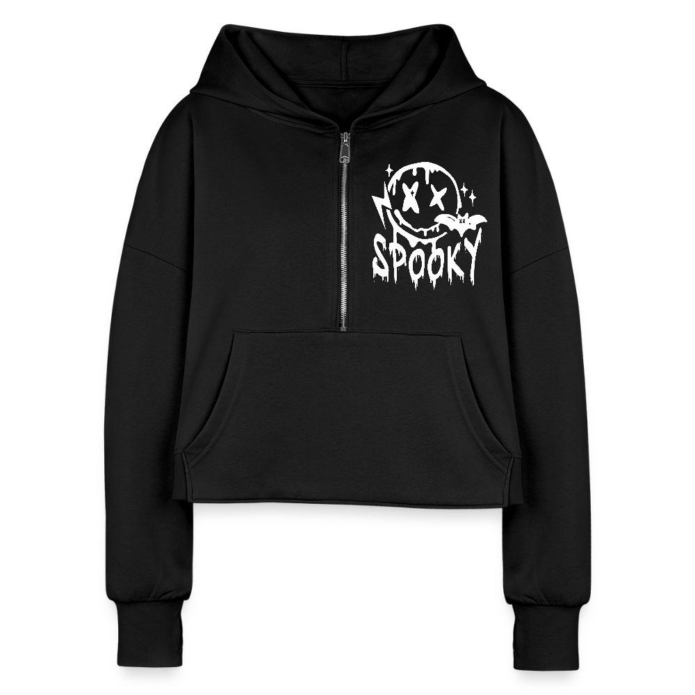 Spooky Smiley Half Zip Cropped Hoodie - black
