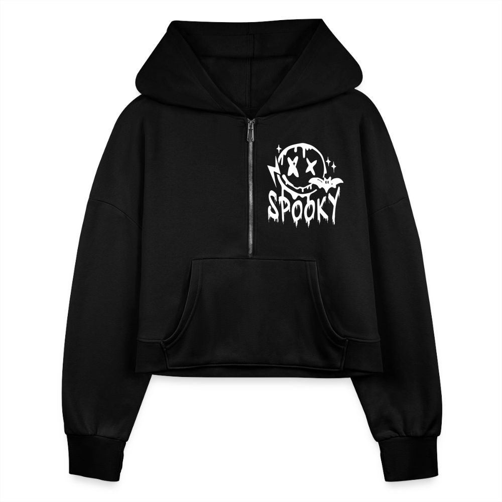 Spooky Smiley Half Zip Cropped Hoodie - black
