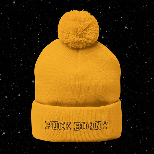 PUCK BUNNY (black) Pom-Pom Knit Cap (Embroidery)