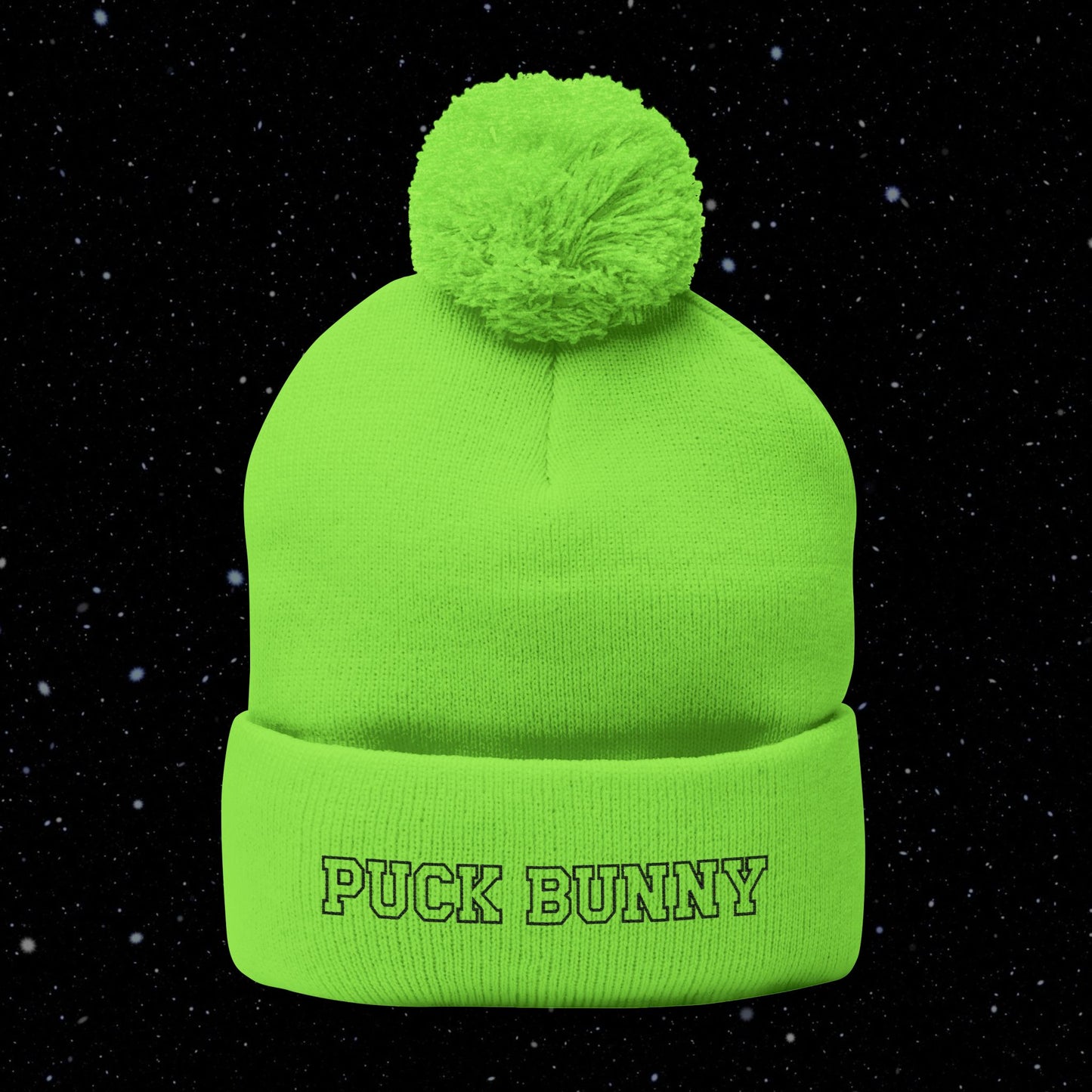 PUCK BUNNY (black) Pom-Pom Knit Cap (Embroidery)