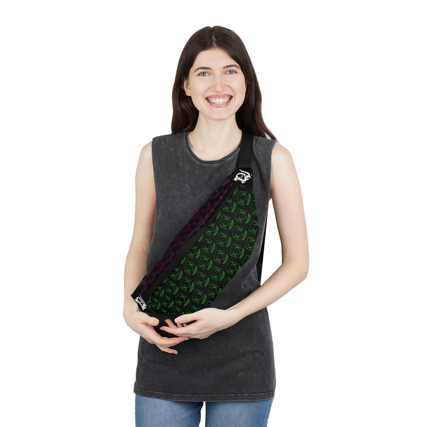 Pink & Green Masks (pattern) Large Fanny Pack