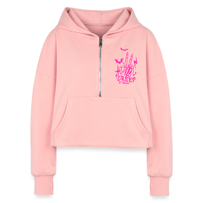 Creep It Real Half Zip Cropped Hoodie - light pink