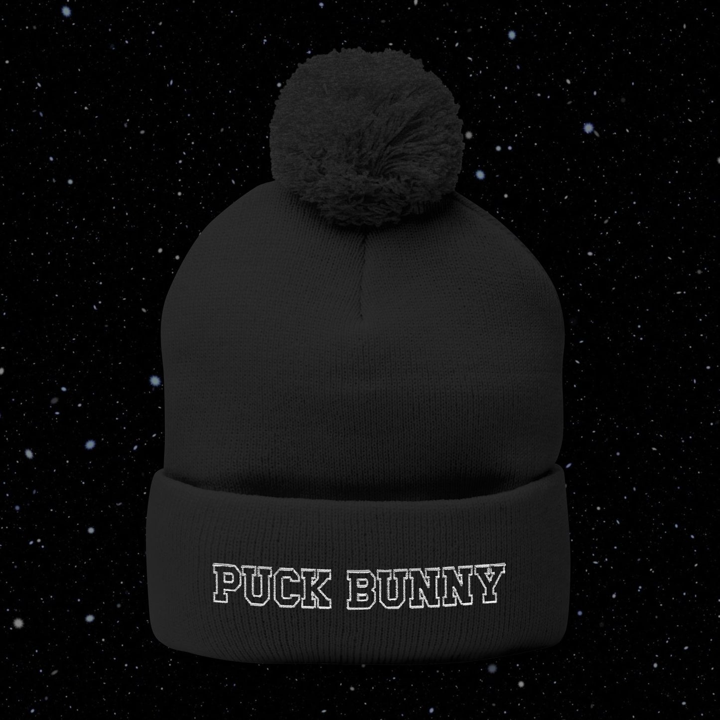 PUCK BUNNY (white) Pom-Pom Knit Cap (Embroidery)