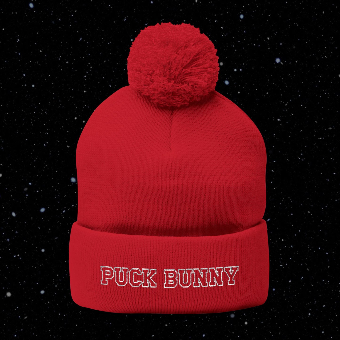 PUCK BUNNY (white) Pom-Pom Knit Cap (Embroidery)