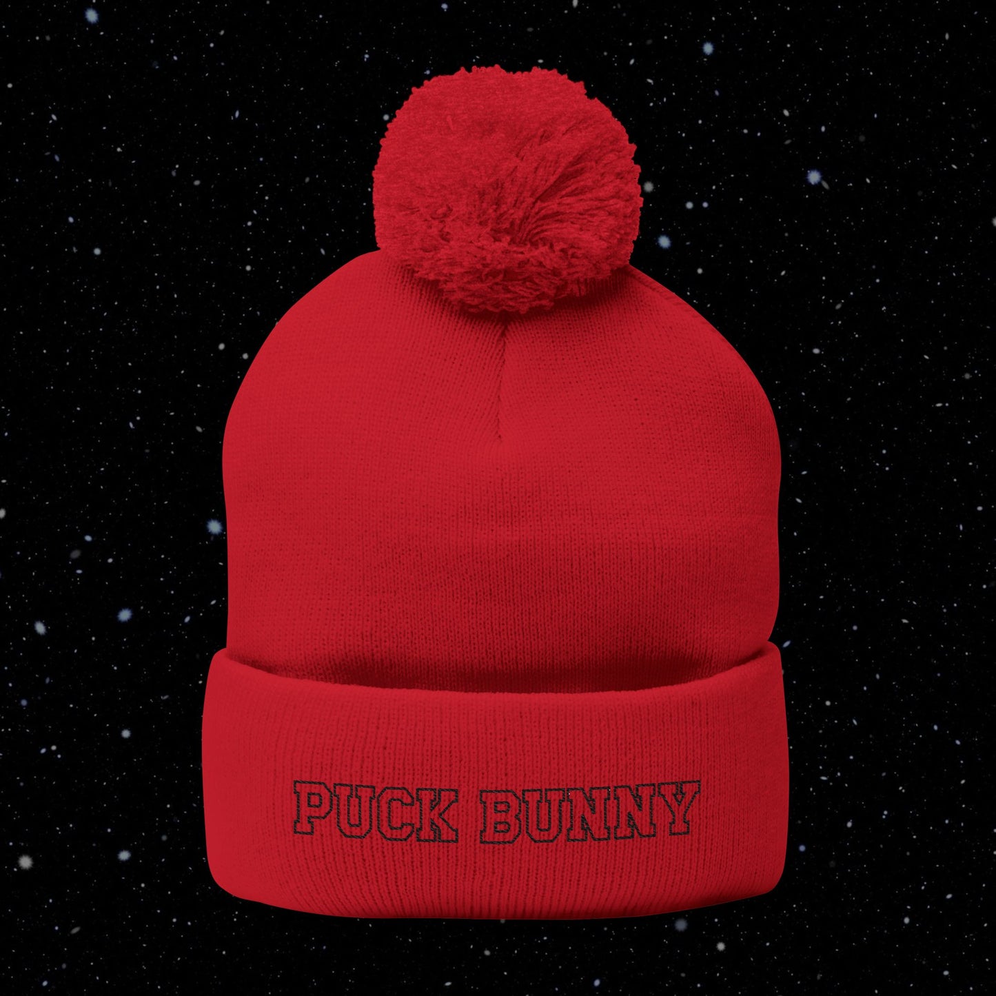 PUCK BUNNY (black) Pom-Pom Knit Cap (Embroidery)