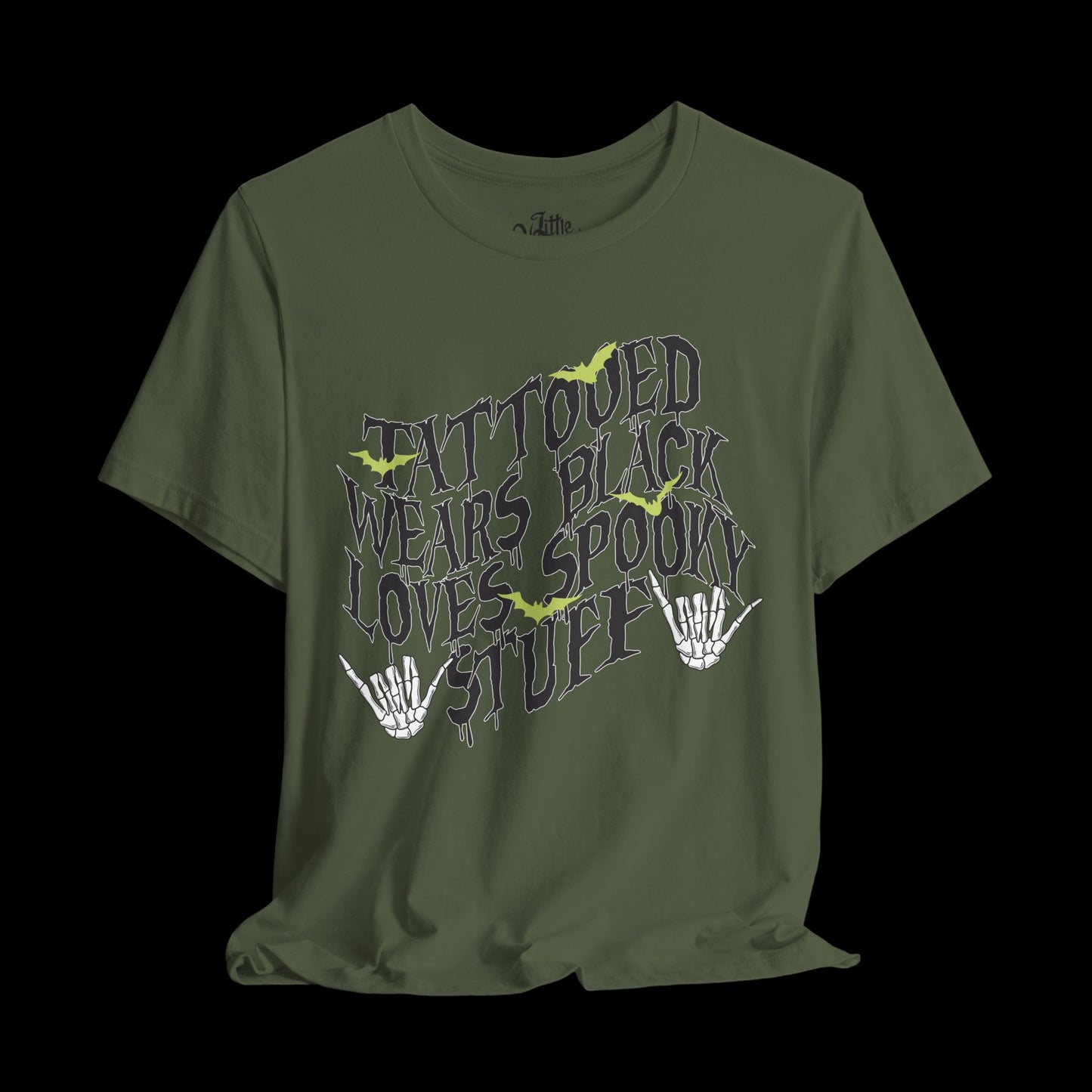 Tattooed, wears black, & spooky (front) Tee